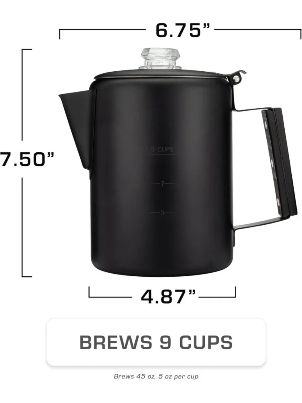 Sleek Black Percolator Coffee Pot - 9 Cup Camping Coffee Maker - No